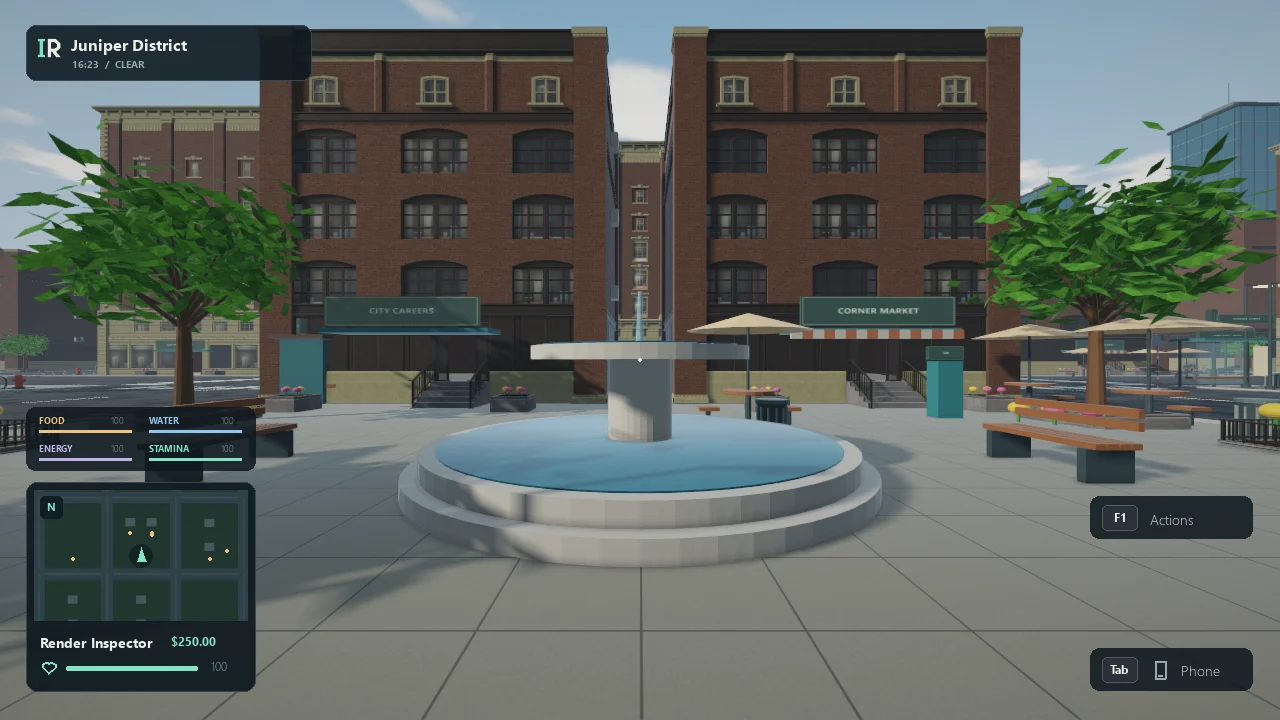 Juniper District's brick storefronts and fountain plaza, captured inside the game