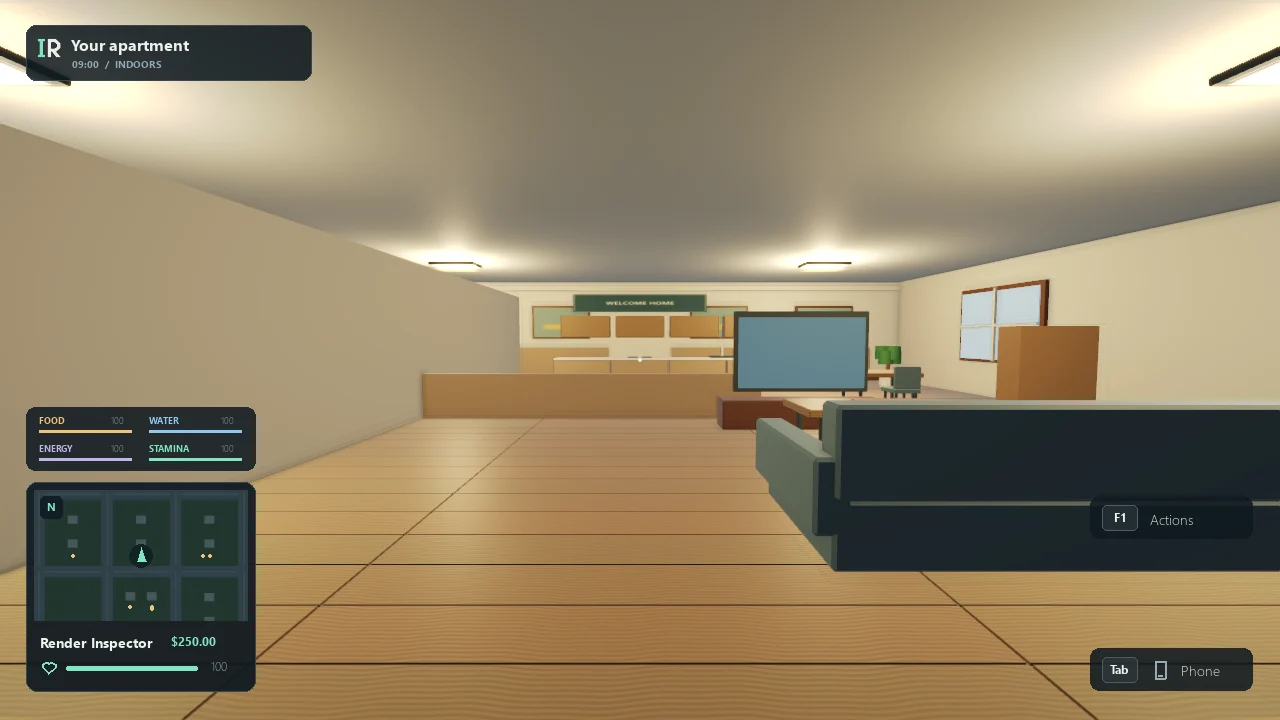 A furnished apartment interior with warm lighting