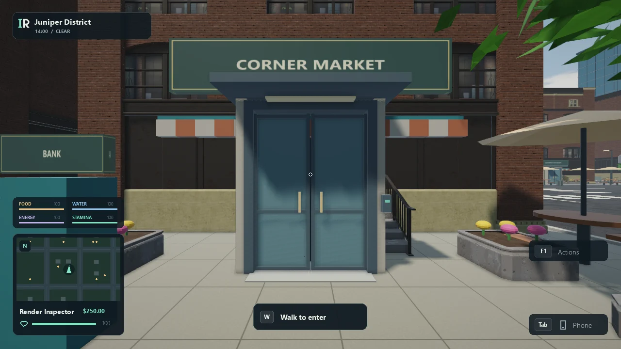 Corner Market's walk-through doors beside a street ATM