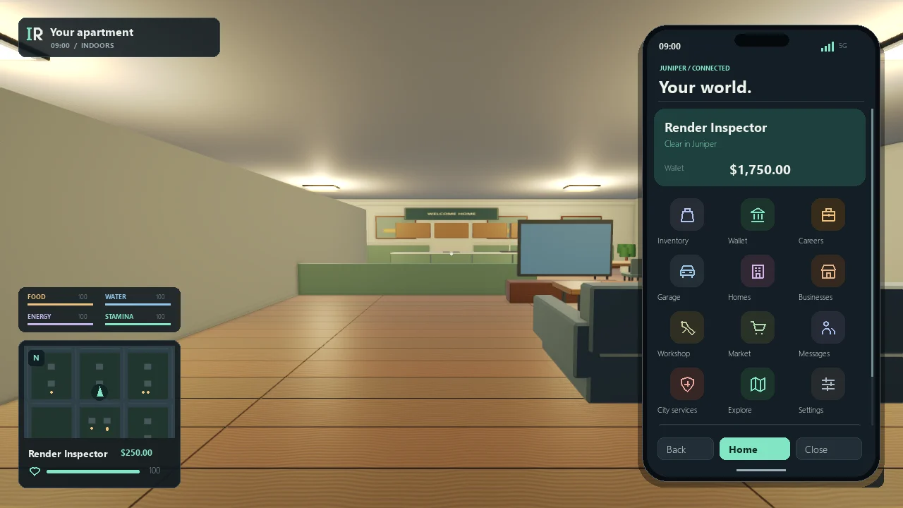 The in-game phone showing resident information beside the apartment view